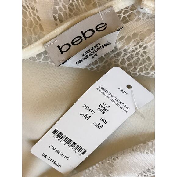 Bebe White Long Sleeve Cut Out Lace Gown M Bohemian Formal Maxi Dress Wedding - Picture 15 of 16